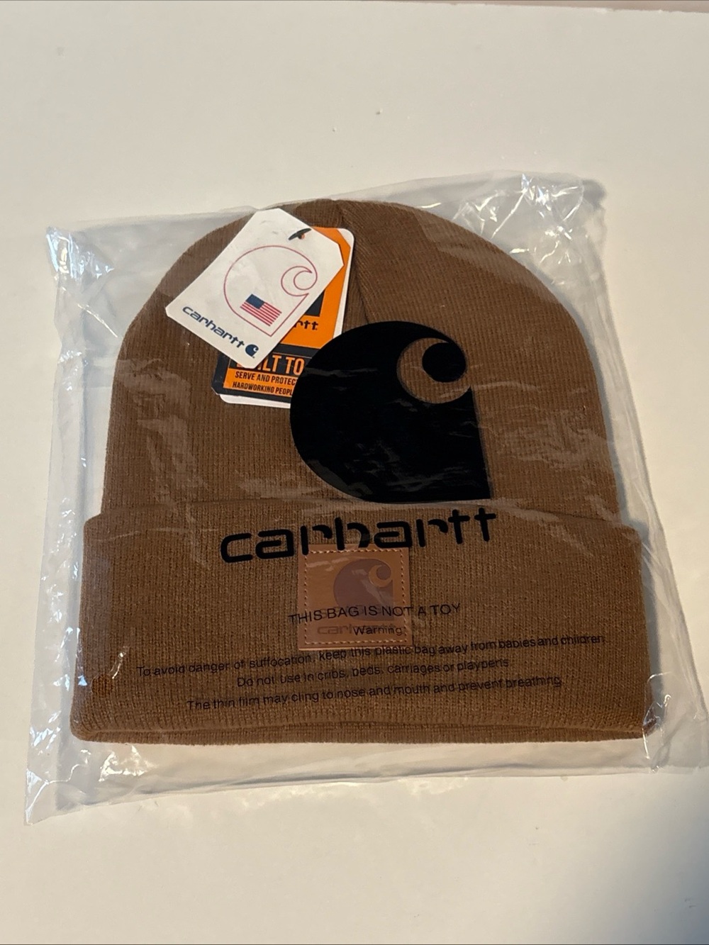 Carhartt- Knit Beanie, Tonal Leather Patch Model AH-1070-M, One Size, Brown New